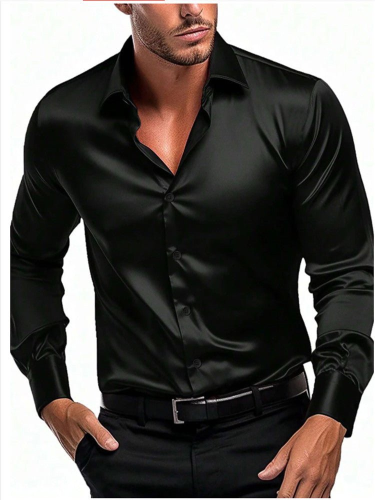 Elegant men's long sleeve dress shirt with a luxurious satin finish, suitable for both formal events and business attire.