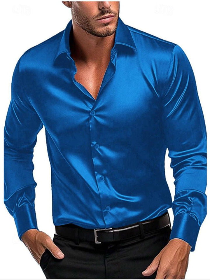Sophisticated men's long sleeve dress shirt with a rich satin sheen, designed for a sharp, professional appearance.