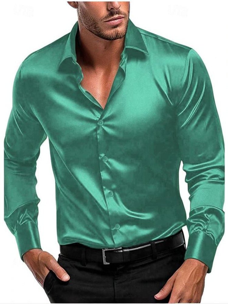 Formal men's dress shirt with a unique Italian collar and elegant long sleeves, crafted from luxurious satin sheen fabric.