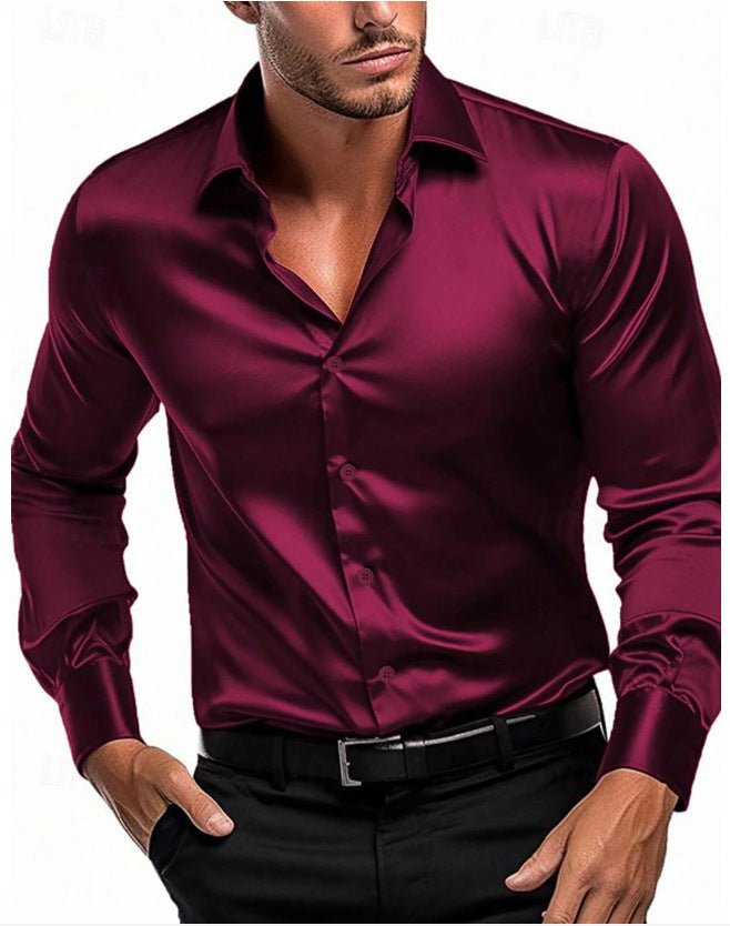 Modern men's long sleeve professional shirt, featuring a sophisticated Italian collar and elegant satin sheen fabric.
