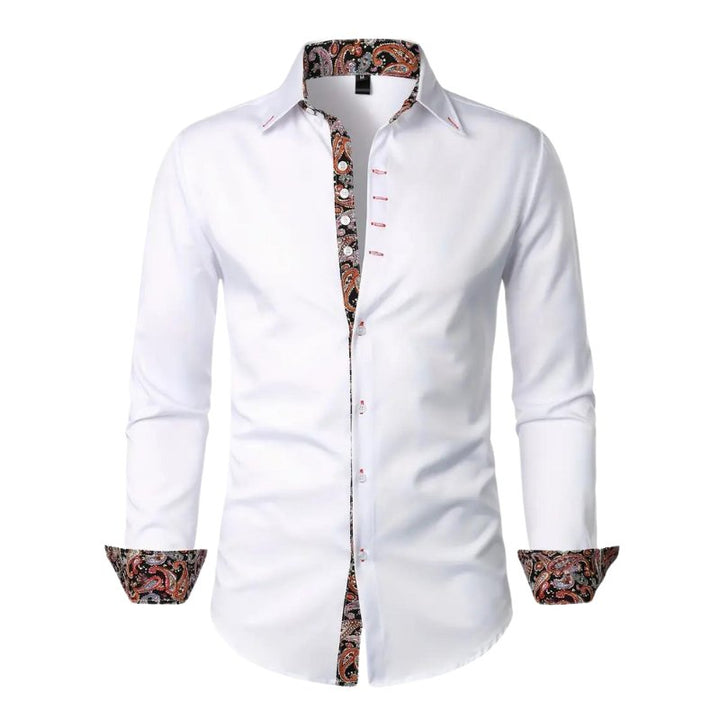 Stylish men's paisley print slim fit button-down shirt, a unique long sleeve fashion top.