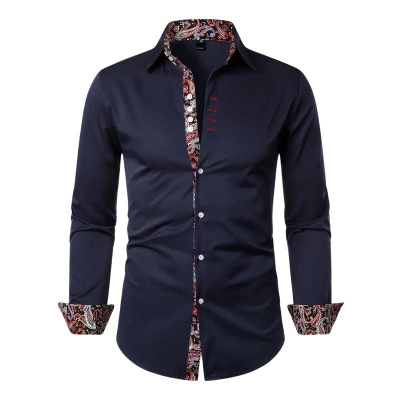Unique men's all-season paisley long sleeve top, elegant slim fit for versatile wear.