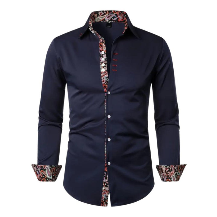 Unique men's all-season paisley long sleeve top, elegant slim fit for versatile wear.