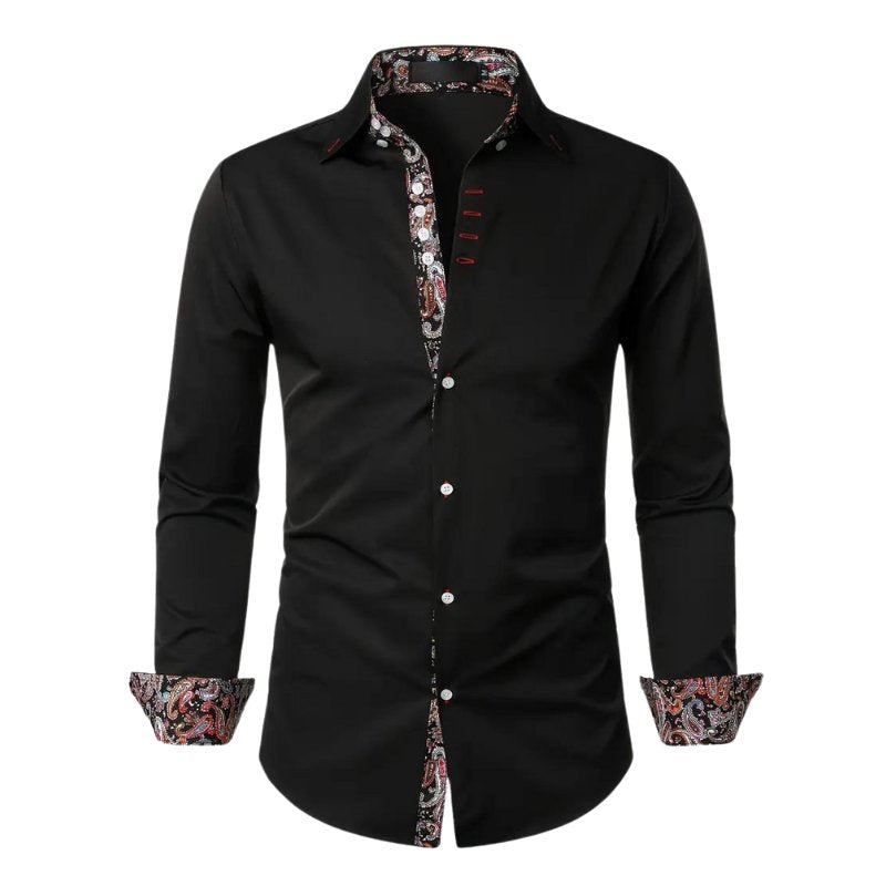 Men's elegant paisley slim fit long sleeve dress shirt, ideal for a refined look.