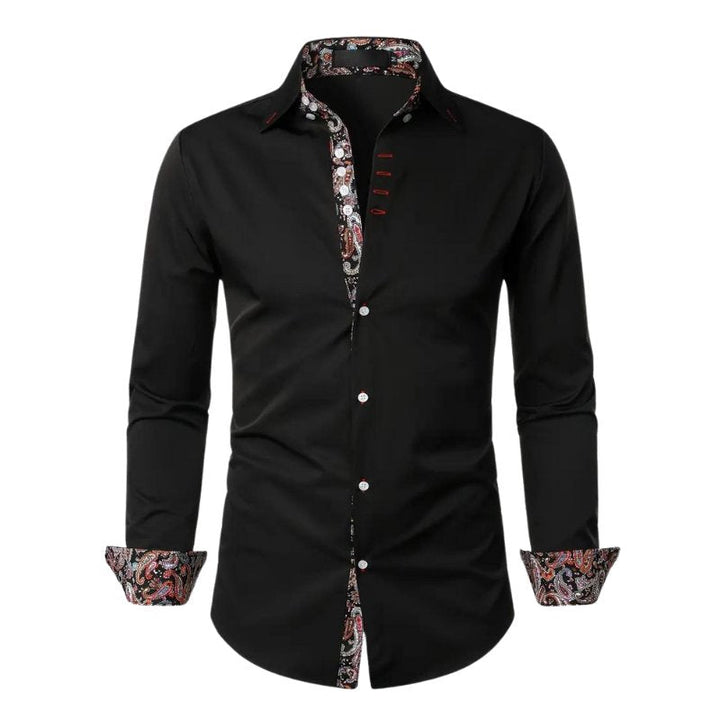 Men's elegant paisley slim fit long sleeve dress shirt, ideal for a refined look.