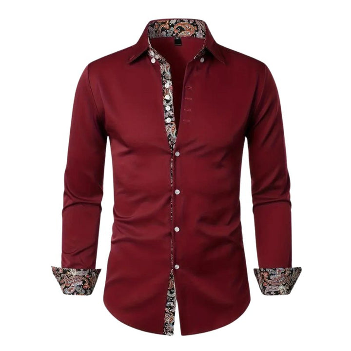 Fashionable men's casual long sleeve shirt, featuring a striking paisley print and slim fit.