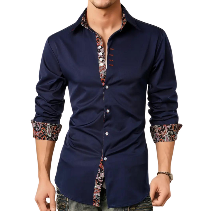 Man wearing a stylish men's slim fit party shirt, long sleeve, perfect for a night out or formal gathering.