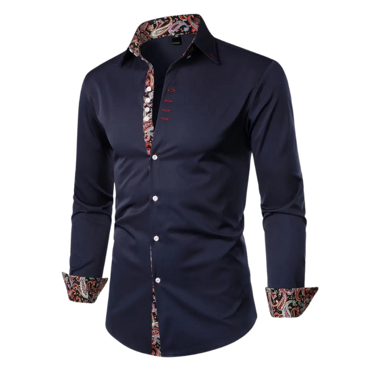 Elegant men's slim fit long sleeve dress shirt, versatile for party or formal events. A sleek button down.
