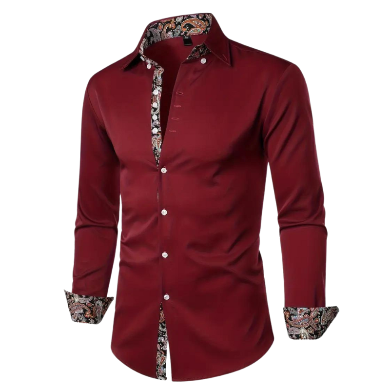 Red men's elegant party shirt, slim fit, long sleeve button down. Great for making a statement at any event.