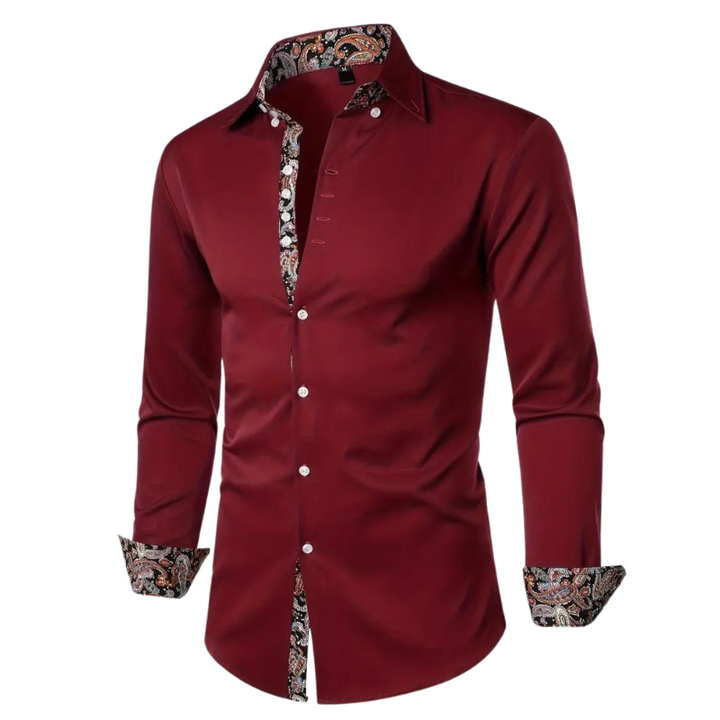 Red men's elegant party shirt, slim fit, long sleeve button down. Great for making a statement at any event.