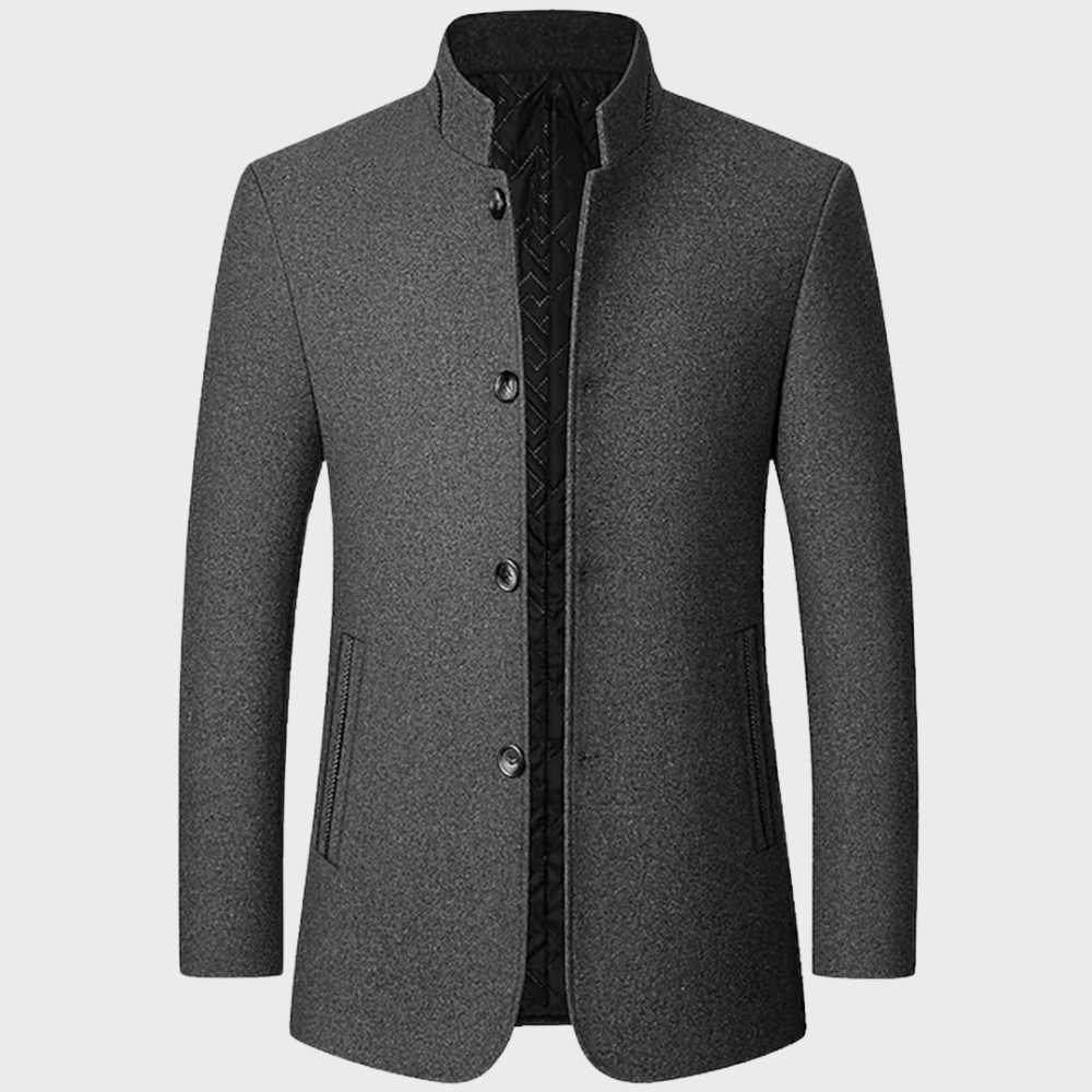 Men's elegant stand collar business trench coat. Tailored fit for professional smart casual style.