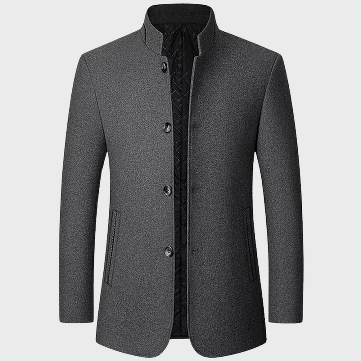 Men's elegant stand collar business trench coat. Tailored fit for professional smart casual style.