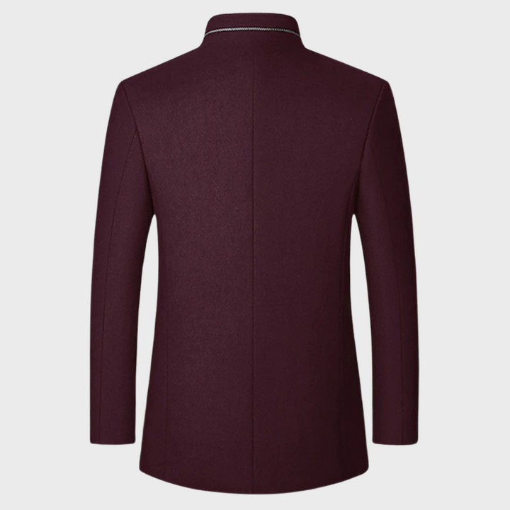 Full length view of a men's stand collar business trench coat, ready for formal or smart casual.