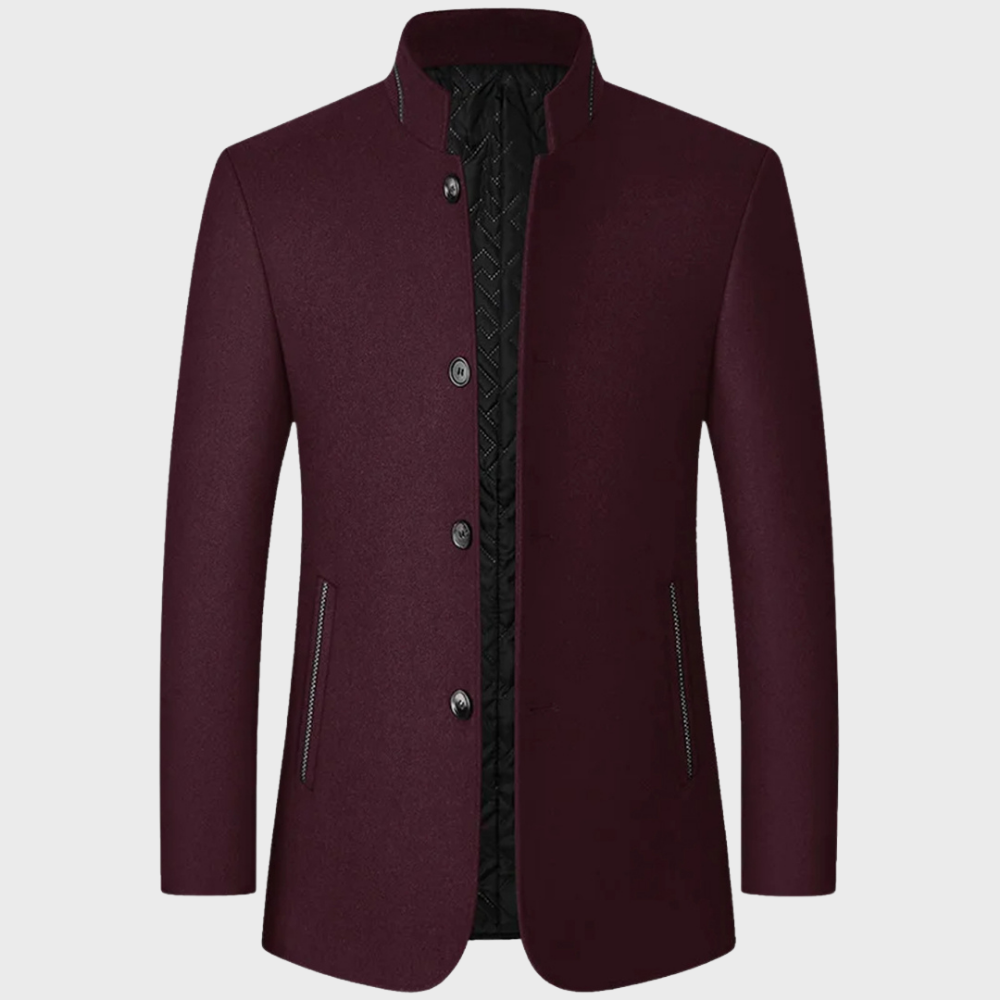 Smart men's stand collar coat. Professional, tailored outerwear for business fashion & comfort.