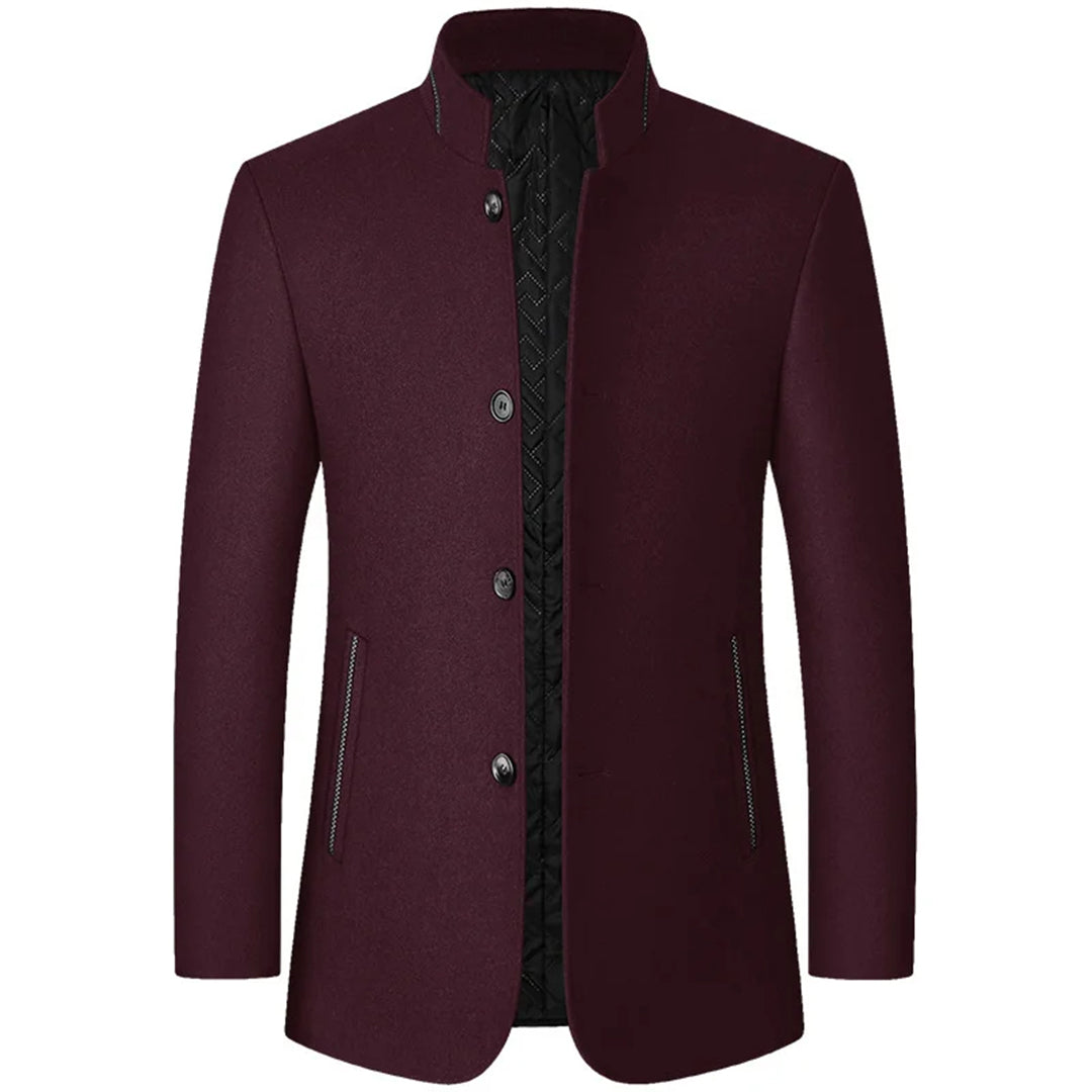 Tailored men's stand collar trench coat in dark fabric. Smart fashion for business & formal wear.