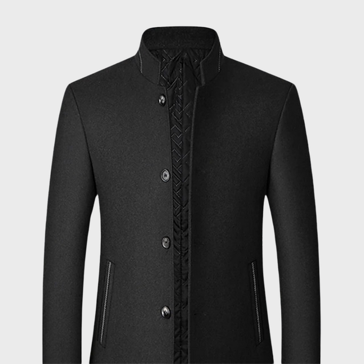 Close-up of a men's stand collar business coat, showcasing tailored details and quality fabric.