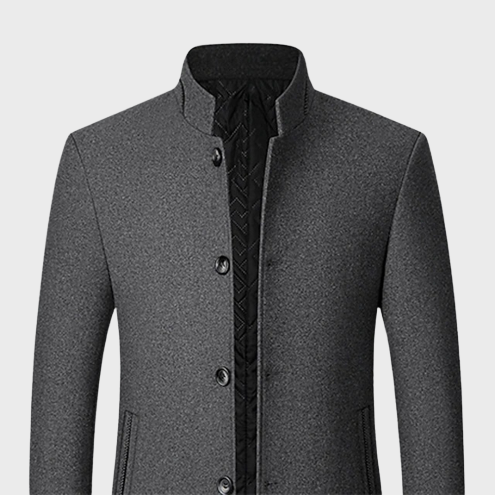 Fashionable men's tailored trench coat with a stand collar, perfect for smart professional outfits.