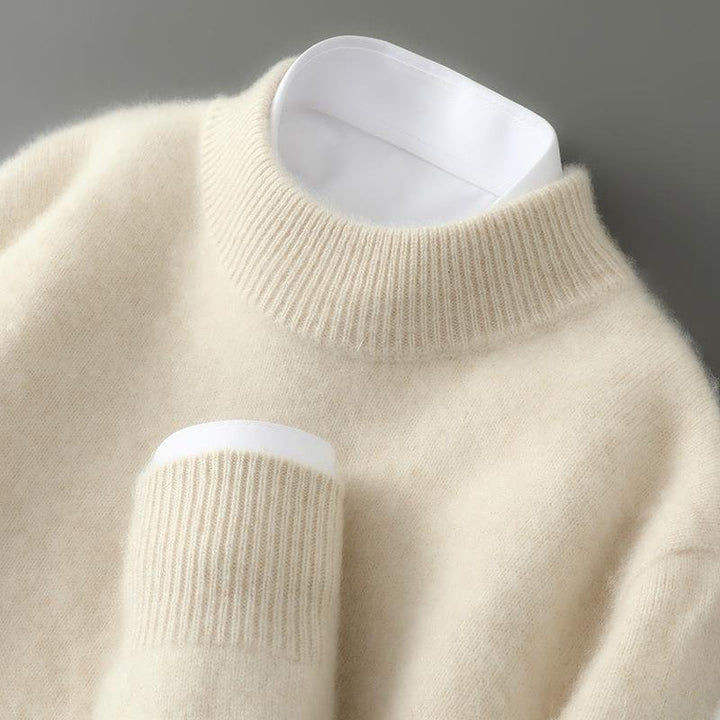 Men's elevated crew neck sweater in a classic knit, perfect for timeless style & versatile comfort in fall/winter.