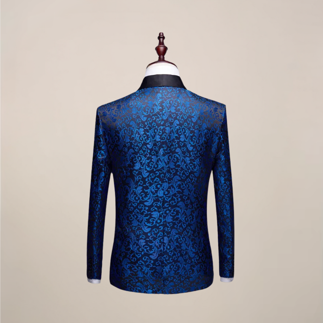 Elegant men's black embroidered tuxedo jacket, a slim fit for formal wear. Perfect wedding or gala attire.