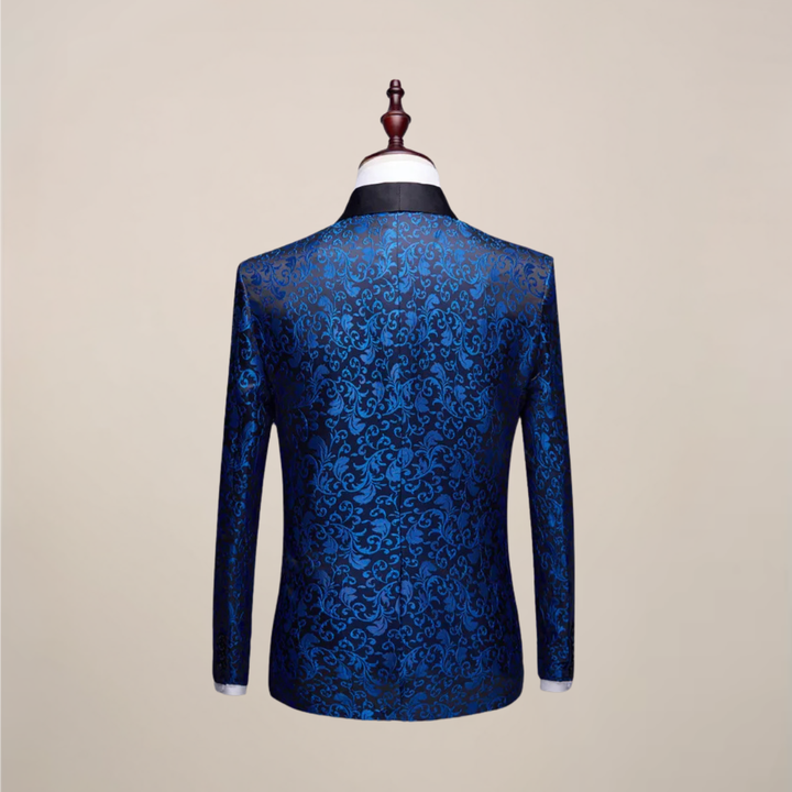Elegant men's black embroidered tuxedo jacket, a slim fit for formal wear. Perfect wedding or gala attire.
