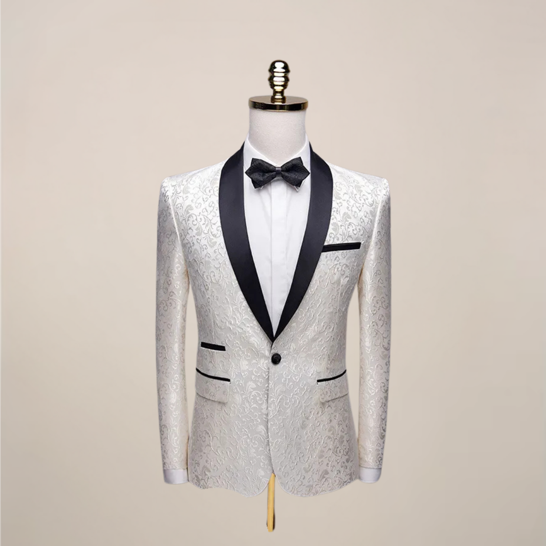Stylish men's embroidered black tuxedo blazer, offering a sleek slim fit for special occasion outfits & fashion.