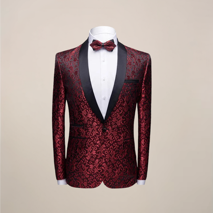 Luxurious men's embroidered tuxedo blazer, slim fit wedding attire for grooms & guests. Dashing formal fashion.