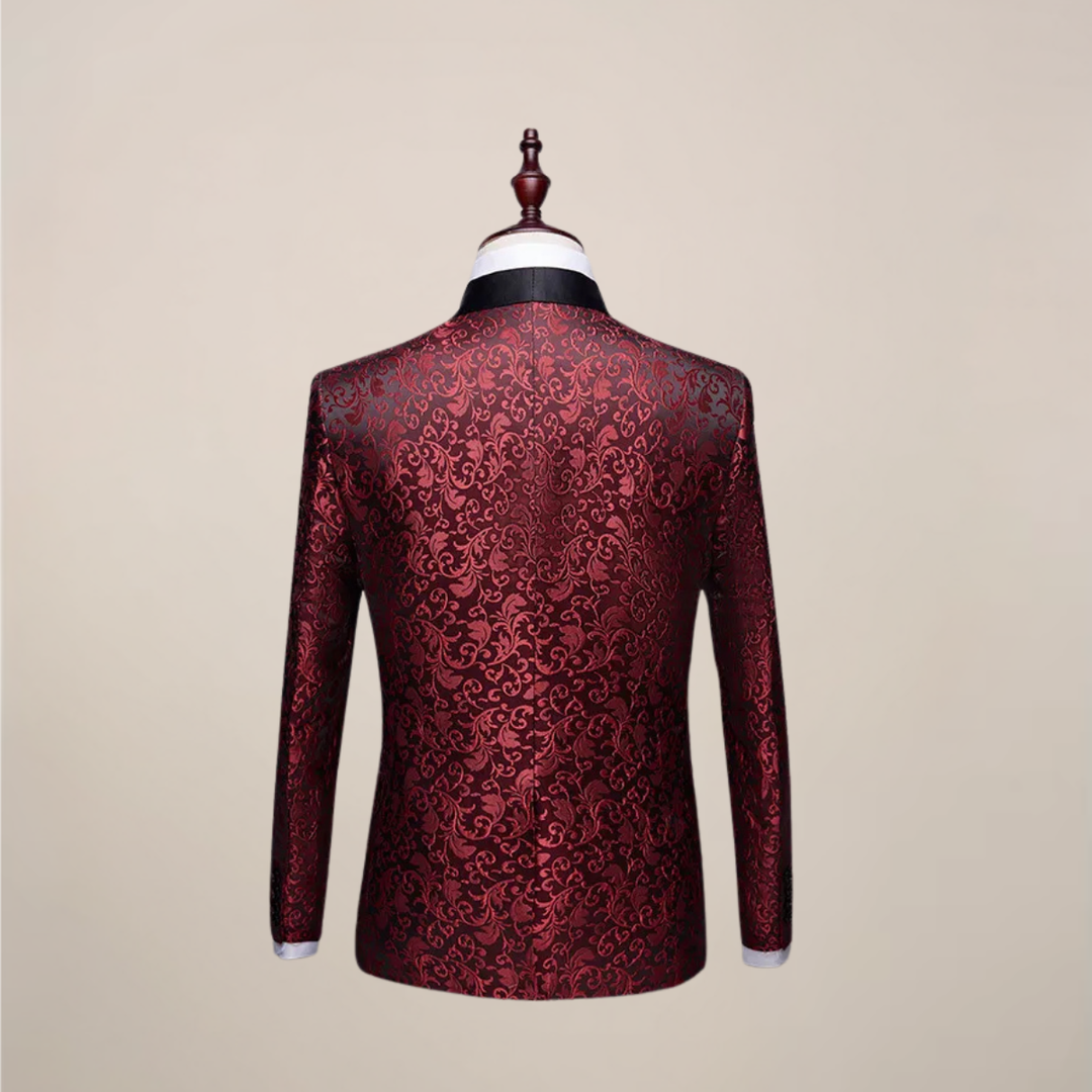 Modern men's embroidered formal blazer, slim fit design for a sophisticated tuxedo jacket look at any occasion.