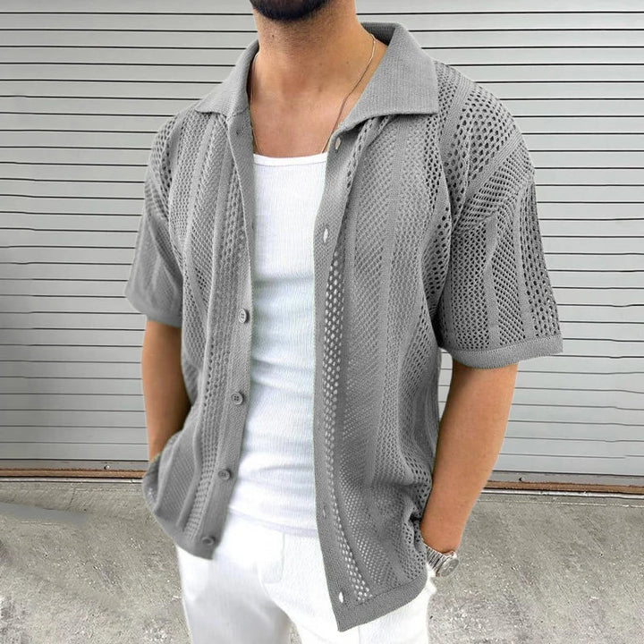 Classic men's Enzo knit shirt, short-sleeve with polo collar. Essential for a timeless smart casual summer wardrobe.