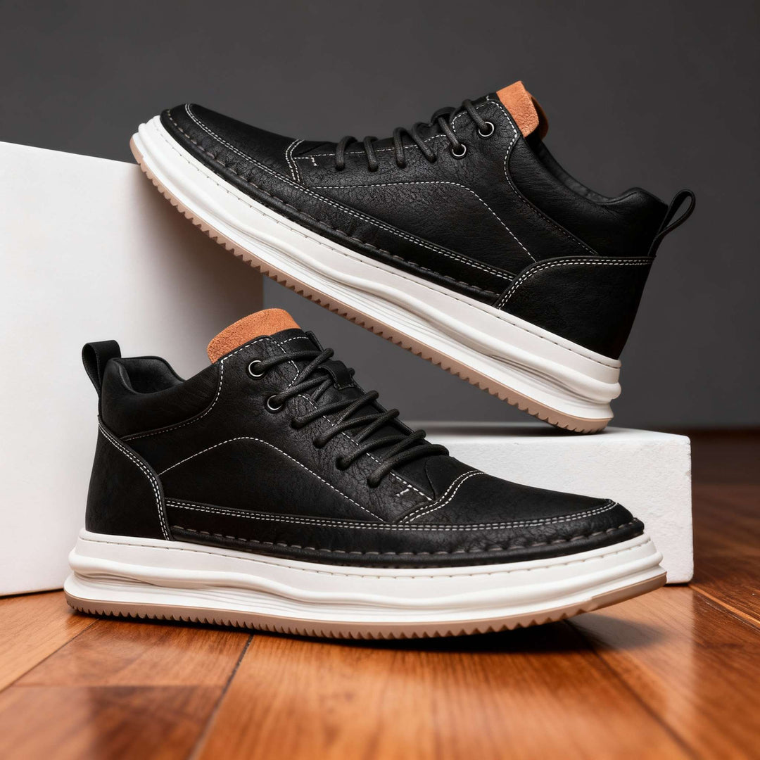 Men's comfort walking shoes, lace-up athletic sneakers in black, ideal for daily use.