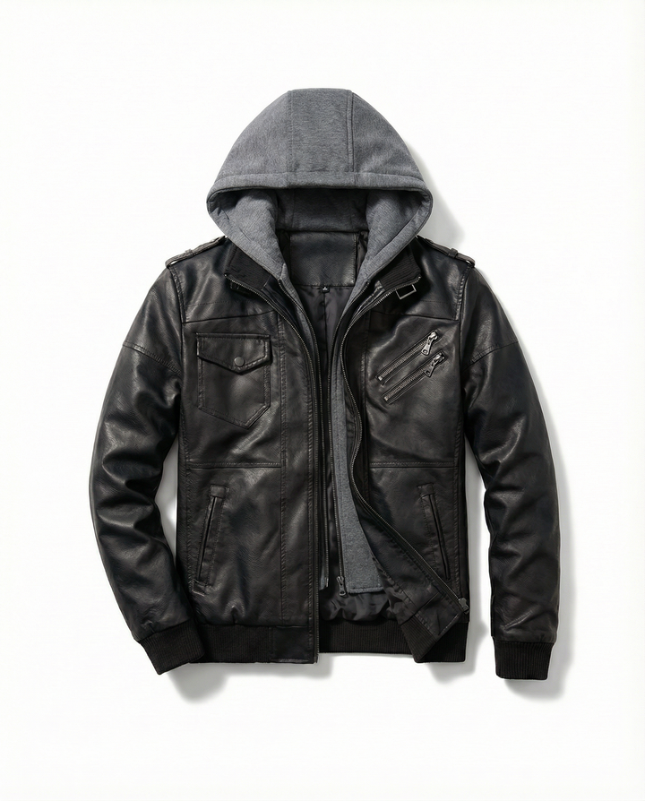 Men's faux leather aviator jacket in black with an open zipper, suitable for a trendy look.
