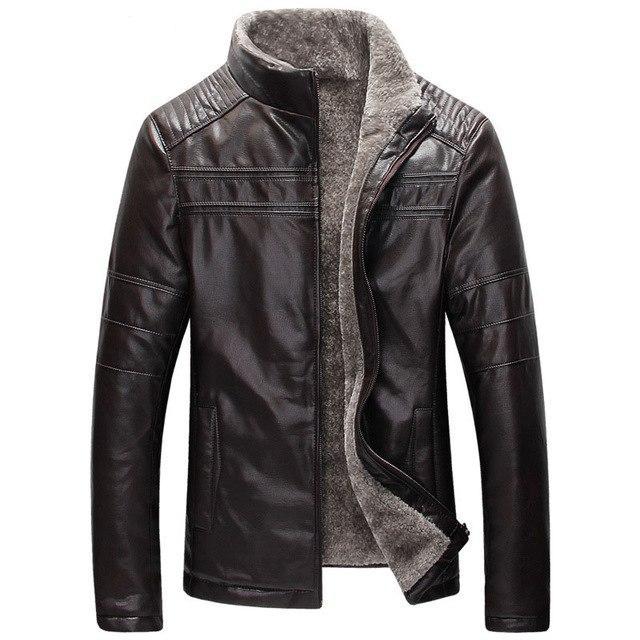 Warm and stylish men's faux leather fur-lined moto jacket in black, essential winter outerwear