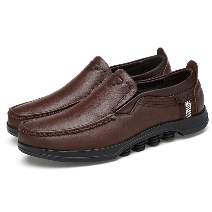 Close-up of the inner lining of men's faux leather casual slip-on loafers.
