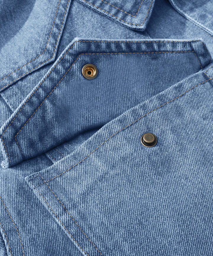 Detail of collar on Men's Flannel Lined Denim Shirt Jacket, classic casual outerwear styling