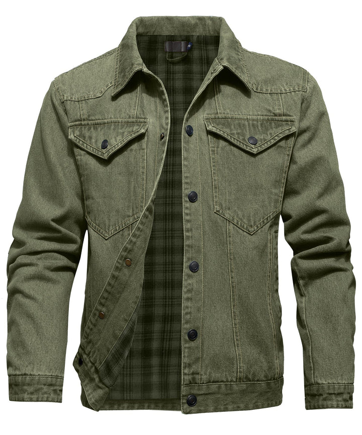 Detail of button closure on Men's Flannel Lined Denim Shirt Jacket, durable men's jacket