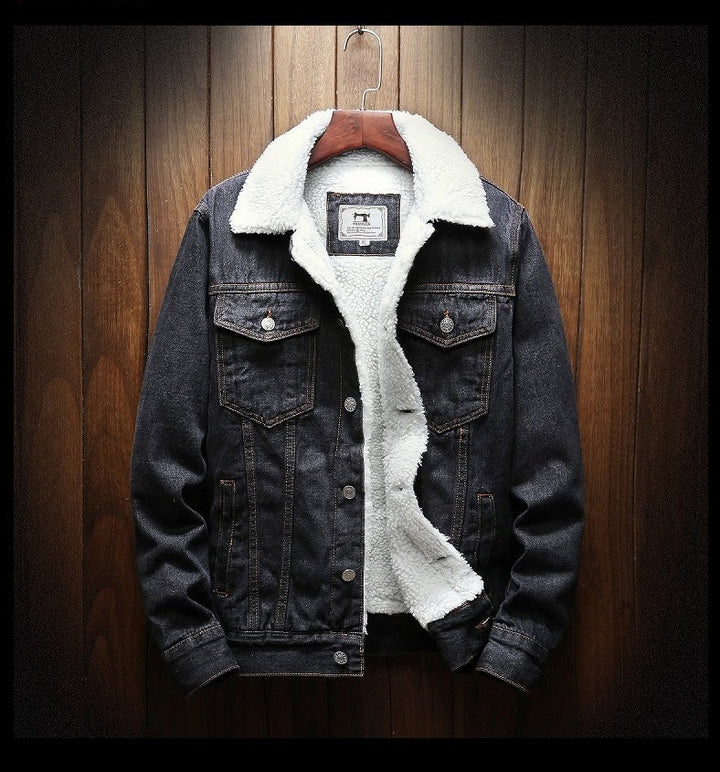 Rugged men's retro denim jacket, Samuel, fleece-lined for warmth. Perfect fall & winter casual wear.