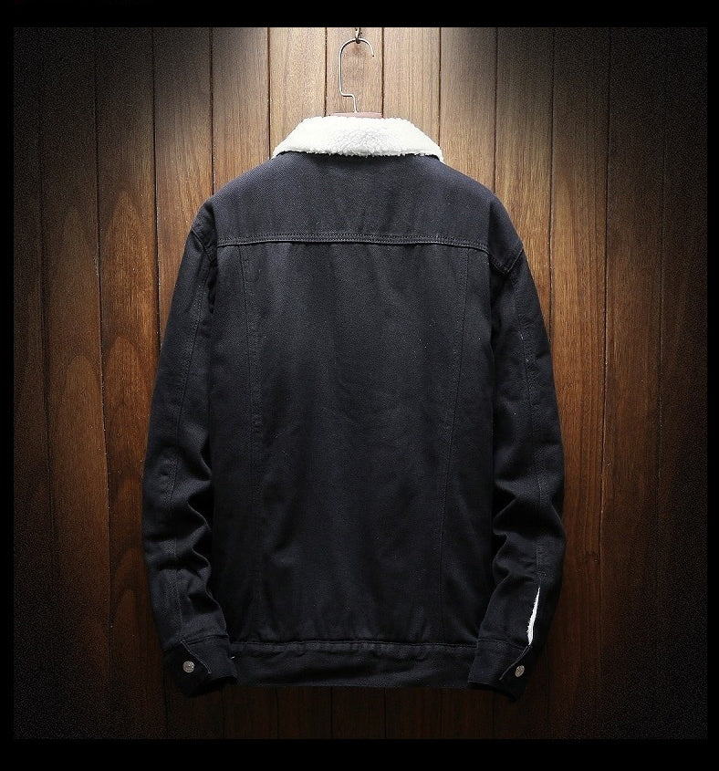 Classic fit men's retro denim jacket, Samuel, with warm fleece lining & button-front design.