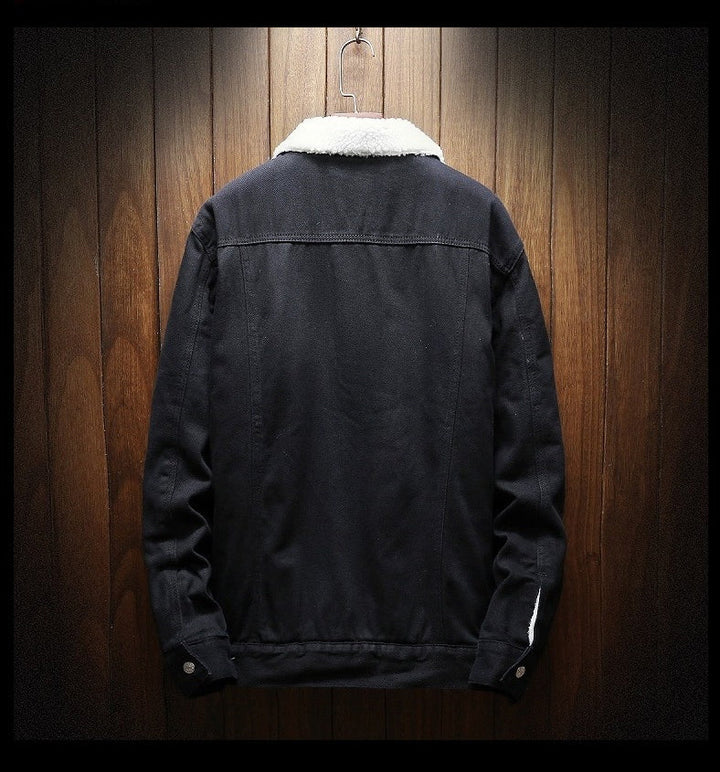 Classic fit men's retro denim jacket, Samuel, with warm fleece lining & button-front design.
