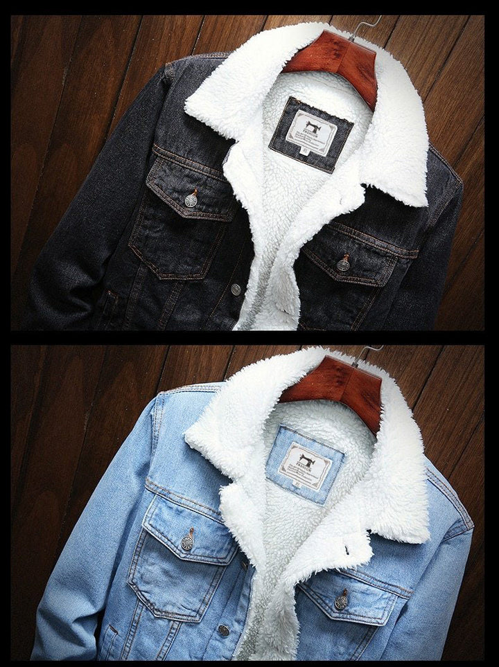 Man wearing a warm fleece-lined retro denim jacket, Samuel, casual fall & winter outerwear.
