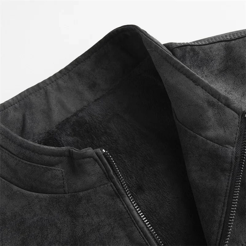 Casual men's apparel: a fleece-lined suede-like jacket, ideal outerwear for winter, featuring functional zippered pockets.