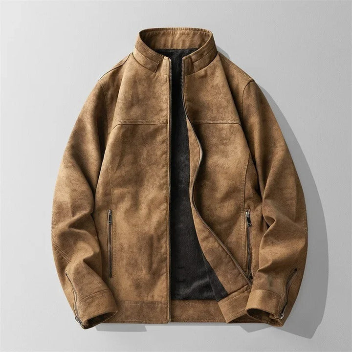 Distressed men's suede-like jacket with cozy fleece lining, a warm and durable winter coat. Great for everyday wear.