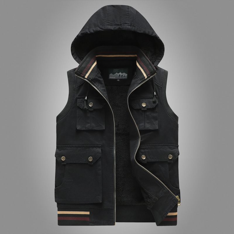 Close-up of a men's black utility vest with fleece lining, perfect for winter and casual outings