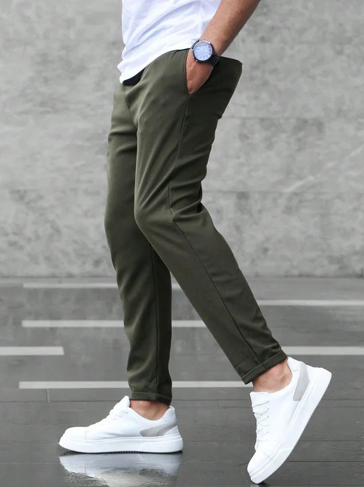 Comfortable men's work pants: flexible slim-fit chinos with a drawstring waist.