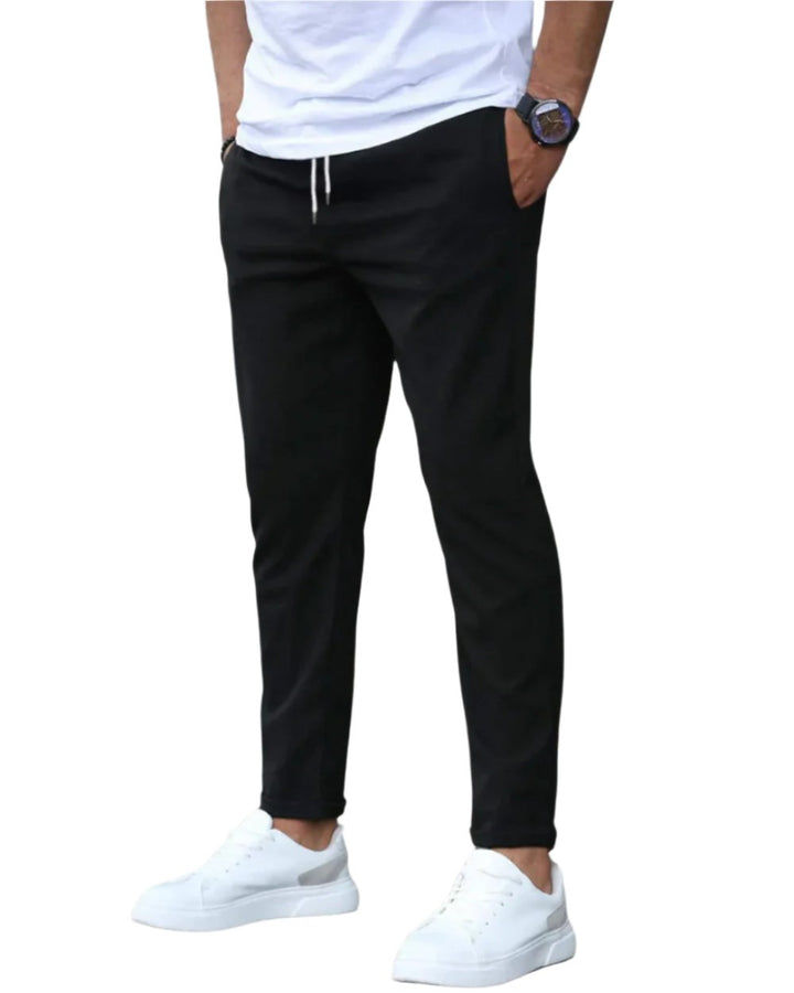 Modern men's drawstring chino pants for all-day comfort and flexible style.