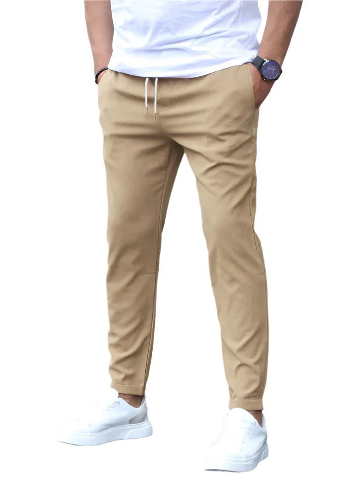 Versatile men's fashion: slim-fit drawstring chinos, great for work and leisure.