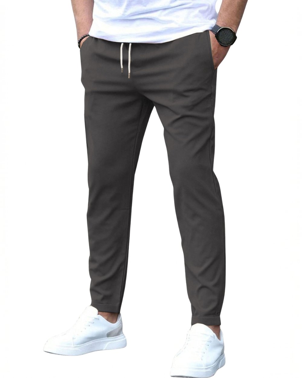 Men's modern slim-fit chinos, flexible drawstring waist for ultimate comfort.