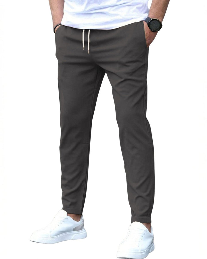 Men's modern slim-fit chinos, flexible drawstring waist for ultimate comfort.