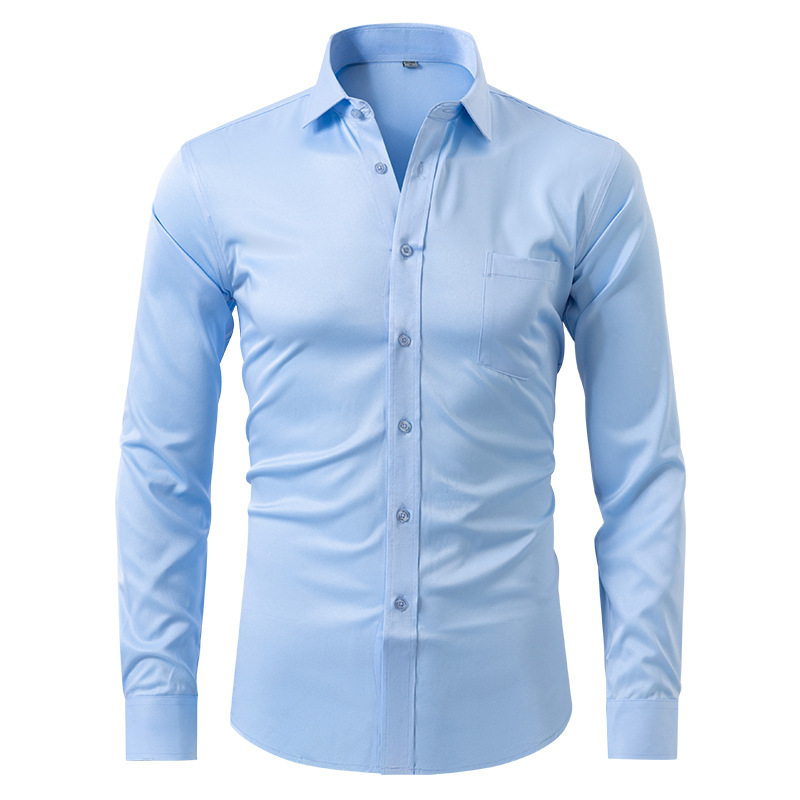 Flexible stretch men's dress shirt, long sleeve. Tailored fit, button-up design for office professionals and business.