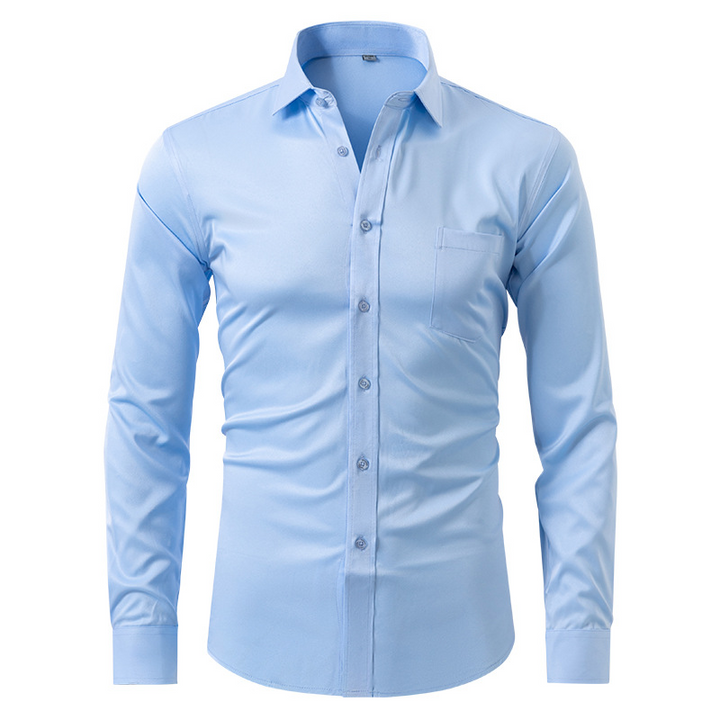 Flexible stretch men's dress shirt, long sleeve. Tailored fit, button-up design for office professionals and business.