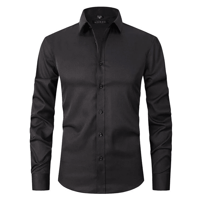 Men's button-up stretch dress shirt for active office professionals. Long sleeve, comfortable tailored fit business wear.