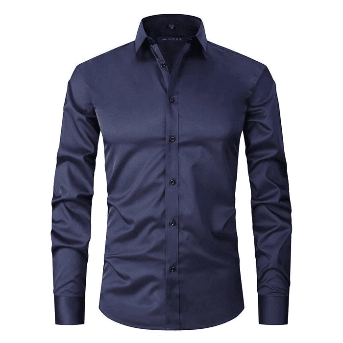 Flexible stretch fabric men's long sleeve dress shirt. Tailored fit for comfortable professional office and business wear.